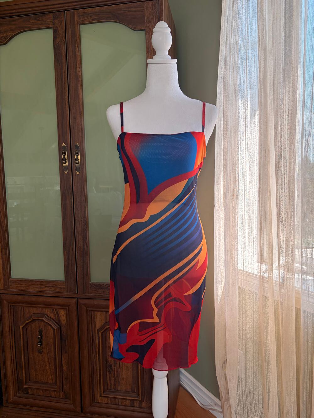 Y2K Abstract Mesh Midi Dress Psychedelic Graphic Print Sheer 90s 70s Slip Dress